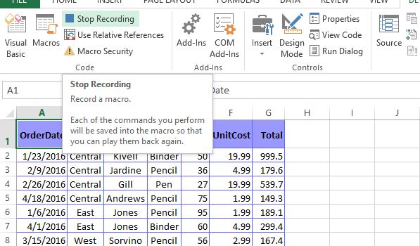 recording excel macro